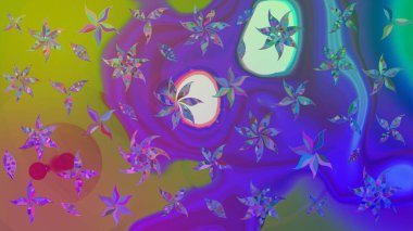 Patlayan çiçekler soyut olarak yerleştirilmiş. Raster deseni. Raster illüstrasyonu. Yumuşak, bahar çiçekleri menekşe renklerinde.