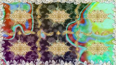 Tarafsız renkler ve altın elementler. Kusursuz altın desen. Çiçek desenli altın metal. Raster altın çiçek süsü brokar kumaş ve cam desenli..