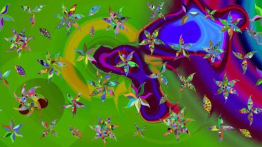 Çiçekli karalama şeklinde Raster çiçek deseni. Yeşil renkli çiçekler. Yumuşak, bahar çiçekli arka plan.