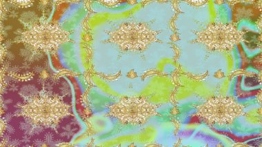 Altın elementlerle nötr renklerde altın desen. Barok tarzında duvar kağıdı tasarımı için kusursuz damaske deseni arkaplanı. Süslü raster dekorasyonu.