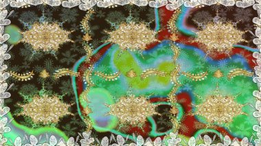 Düz elle çizilmiş klasik koleksiyon. Altın elementlerle yeşil renklerde altın desen. Raster altın pürüzsüz desen. Arkaplan, kumaş, altın duvar kağıdı.