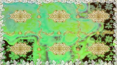 Kusursuz ortaçağ çiçek deseni. Raster illüstrasyonu. Dekoratif simetri arabesk. Yeşil renkte altın. Doğum günü, davetiye ya da afiş için tebrik kartı.