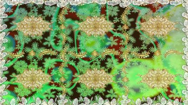 Yeşil renklerde altın yinelenen elementlerle soyut arkaplan. Kusursuz oryantal klasik altın desen.