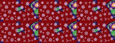 Suluboya elle çizilmiş çiçek desenli eskiz deseni. Parlak renkli fantezi çiçekleri, yapraklar, kırmızı renkli tomurcuklar..