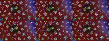 Çocuksu tasarım. Kırmızı arka planda. Elle çizilmiş çiçek desenli Raster çizimi. Tekstil, kumaş, ambalaj, hatıra defteri için güzel çiçek arkaplanı..