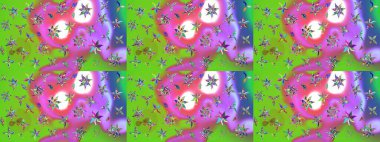 Raster Floral Illustration, Asyalı tekstil. Yeşil renkli etnik çiçeklerle zarif eskiz deseni.