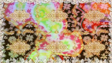 Senin tasarımın için, duvar kağıdı. Raster geometrik arka plan. Tarafsız renklerde altın çiçekli altın desenler. Altın rengi kusursuz illüstrasyon.