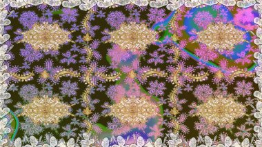 Raster illüstrasyonu. Süslü dekorasyon. Damask altın soyut çiçek gri renklerde pürüzsüz desen.