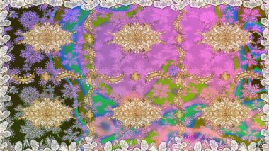 Lüks, kraliyet ve Viktorya dönemi konsepti. Süslü dekorasyon. Tarafsız renklerdeki altın desenler ve altın elementler. Raster klasik barok çiçeksiz altın desenli..