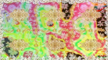 Hassas altın deseni açın. Kusursuz altın desenli bukleler. Doğu tarzı arabesk. Raster. Parlak dantel, stilize çiçekler, şal desenli. Tarafsız renklerde altın elementlerle kusursuz desen.