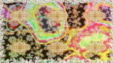 Süslü dekorasyon. Raster illüstrasyonu. Damask altın soyut çiçek nötr renklerde pürüzsüz desen.