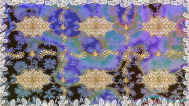 Süslü dekorasyon. Damask altın soyut çiçek deseni menekşe renklerinde kusursuz desen. Raster illüstrasyonu.