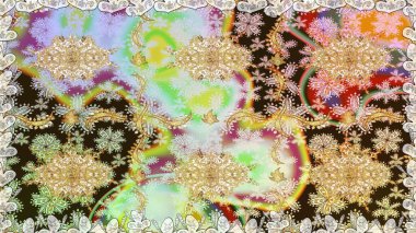 Kusursuz altın desen. Tarafsız renkler ve altın elementler. Çiçek desenli altın metal. Raster altın çiçek süsü brokar kumaş ve cam desenli..