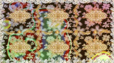 Raster altın tekstil baskısı. Kusursuz desenli oryantal süs. İslam tasarımı. Çiçek kiremitleri. Altın elementlerle kahverengi renklerde altın desen.