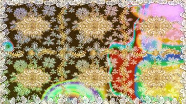 Tarafsız renklerde, altın elementlerle kusursuz desen. Parlak dantel, stilize çiçekler, şal desenli. Kusursuz altın desenli bukleler. Raster. Doğu tarzı arabesk. Zarif altın deseni aç.