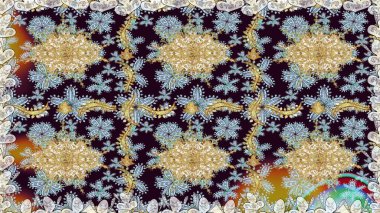 Tarafsız renklerde altın element. Damask arkaplanı. Altın çiçekli, pürüzsüz desen. Barok tarzında altın çiçekli süs..