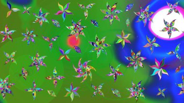 Yeşil arka planda. Tekstil, kumaş, ambalaj, hatıra defteri için hoş bir çiçek arkaplanı. Çocuksu tasarım. Elle çizilmiş karalama çiçekleri ile Raster çizim deseni.