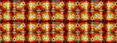 Kırmızı, kahverengi ve sarı kar taneleri. Noel ve yeni yıl moda baskıları için tatil tasarımı. Kar tanelerinin soyut arkaplanlı Noel şablonu. Raster illüstrasyonu.