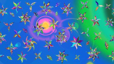 Şirin çiçekli eskiz deseni ve mavi renkli yapraklar, suluboya çiçek deseni, duvar kağıdı, kart veya kumaş için fayanslı. Raster illüstrasyonu.