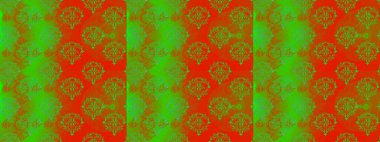 Yeşil, turuncu ve kırmızı renklerde, parlak çiçekli, soyut, pürüzsüz desen. Çiçeksel elementlerle süslenmiş zarif raster dokusu. Küçük çiçekte şirin bir çiçek deseni var..