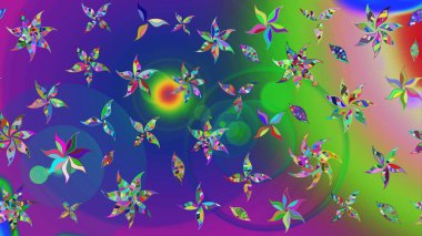 Düz Çiçek Elementleri Tasarımı. Çiçeksel fantezi tasarımı ve parlak bir arka plan çizimi. Renkli Bahar Teması çizim şablonu.