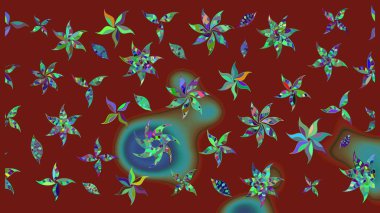 Suluboya elle çizilmiş çiçek desenli eskiz deseni. Parlak renkli fantezi çiçekleri, yapraklar, kırmızı renkli tomurcuklar..