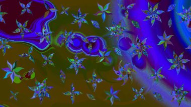 Parlak renkli fantezi çiçekleri, yapraklar, kahverengi renkli tomurcuklar, kahverengi. Suluboya el çizimi elementli çiçek çizimi deseni.