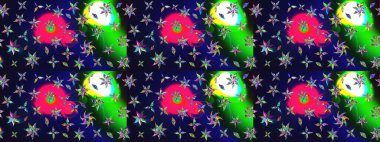 Raster illüstrasyonu. Çiçek ve yapraklı karalama şeklinde Raster çiçek deseni. Gri renkte bahar çiçekleri..