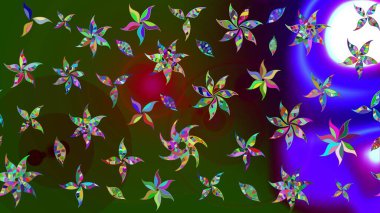 Parlak renkli fantezi çiçekleri, yapraklar, yeşil renkli tomurcuklar. Suluboya el çizimi elementli çiçek çizimi deseni.