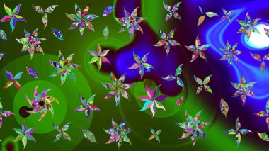 Raster illüstrasyonu. Çiçekli karalama şeklinde Raster çiçek deseni. Yumuşak, yaz çiçekleri yeşil renklerde.