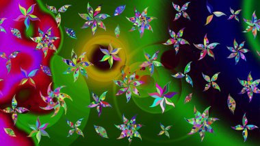 Halk tarzı. Parlak renkli çiçekli ve yeşil yapraklı harika bir çiçek deseni. Modern çiçek arkaplanı. Moda baskıları için zarif bir şablon.