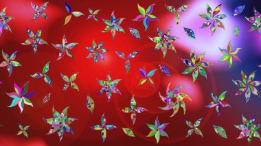 Çocuksu tasarım. Tekstil, kumaş, ambalaj, hatıra defteri için hoş bir çiçek arkaplanı. Kırmızı arka planda. Elle çizilmiş karalama çiçekleri ile Raster çizim deseni.