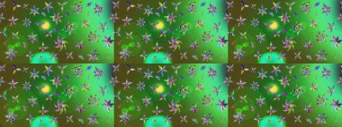 Millefleur 'lar. Oldukça eski bir besin torbası deseni, küçük yeşil renkte, çiçekler. Tekstil, kumaş, kapaklar, duvar kağıtları, baskı, paket, koleksiyon defteri, örgü, dekupaj için çiçek arkaplanı..