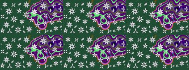 Çok yeşil zarif küçük çiçekler ve yeşil renkli komik böcekler, raster desen, illüstrasyon.