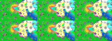 Renkli desenli eskiz deseni, yeşil çiçekler ve dekoratif elementlerle. Eskiz geçmişi. Raster illüstrasyonu. Kumaş, tekstil, duvar kağıdı baskısı için. Antika retro tarzı.