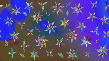 Mavi arka planda. Çocuksu tasarım. Tekstil, kumaş, ambalaj, hatıra defteri için hoş bir çiçek arkaplanı. Elle çizilmiş karalama çiçekleri ile Raster çizim deseni.