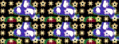 Düz Çiçek Elementleri Tasarımı. Sevimli çiçek raster deseni. Siyah renkli çiçekler. Renkli Bahar Teması çizim şablonu.