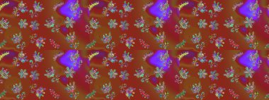 Sevimli çiçek raster deseni. Kahverengi, kırmızı ve mor renkli çiçekler. Renkli Bahar Temalı Kusursuz Arkaplan. Düz Çiçek Elementleri Tasarımı.