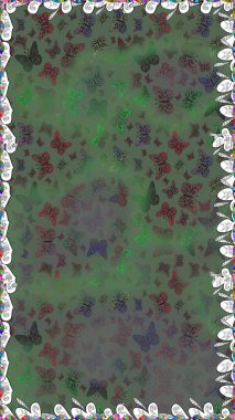 Yeşil ve gri soyut suluboya kelebeklerle bezenmiş pürüzsüz bir arkaplan deseni. Sonsuz. Yazdırmayı tekrarla. Raster illüstrasyonu.