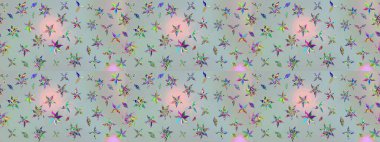 Çok renkli, zarif küçük çiçekler ve gri renkli komik böcekler, raster desen, illüstrasyon.