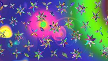 Mavi renkler ve parlak çiçekler üzerine soyut çizim deseni. Çiçeksel elementlerle süslenmiş zarif raster dokusu. Küçük çiçekte şirin bir çiçek deseni var..