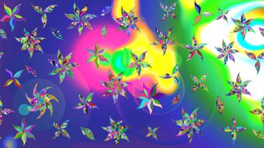 Çiçeksel fantezi tasarımı ve parlak bir arka plan çizimi. Renkli Bahar Teması eskiz kalıbı. Düz Çiçek Elementleri Tasarımı.