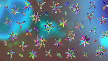 Çiçeksel fantezi tasarımı ve parlak bir arka plan çizimi. Renkli Bahar Teması eskiz kalıbı. Düz Çiçek Elementleri Tasarımı.