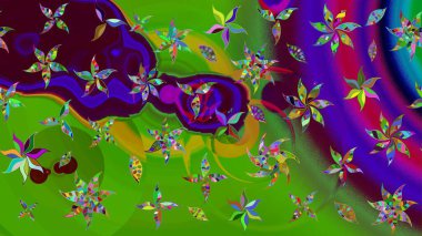 Düz Çiçek Elementleri Tasarımı. Raster illüstrasyonundaki çiçek desenli çizim. Renkli Bahar Teması eskiz kalıbı. Yeşil renkte çiçekler.