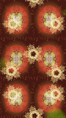 Kar taneleri, radyal kahverengi, bej ve turuncu renkler. Renkli arka planda güzel kar taneleri. Raster illüstrasyonu..