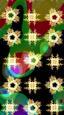 Raster tasarımı. Siluet kar taneleri tabelası siyah, yeşil ve kahverengi renkleri izole ediyor. Sembol kışı, donmuş, Noel, yeni yıl tatili. Grafiksel element dekorasyonu. Düz dizayn. Kar Tanesi mozaik simgesi.