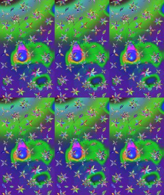 Yeşil renkli bitkilerden oluşan parlak çiçekli çizim deseni.