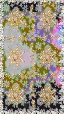 Raster. Hassas altın deseni açın. Parlak dantel, stilize çiçekler, şal desenli. Kusursuz altın desenli bukleler. Doğu tarzı arabesk. Gri renklerde, altın elementlerle kusursuz desen.