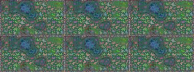 Mavi renklerdeki kusursuz çiçek desenli arka plan. Resimlerde tropik kelebekler görülür. Raster. Duvar kağıtları, web sayfası arkaplanları, yüzey dokuları, tekstil için mükemmel..