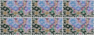 Raster illüstrasyonu. Kumaş, tekstil, duvar kağıdı baskısı için. Eski usul. Kusursuz bir geçmişi var. Renkli desenli kusursuz desen, gri çiçekler ve dekoratif elementler..